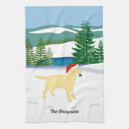 Gele labrador KerstEvergreen Santa Hat Theedoek