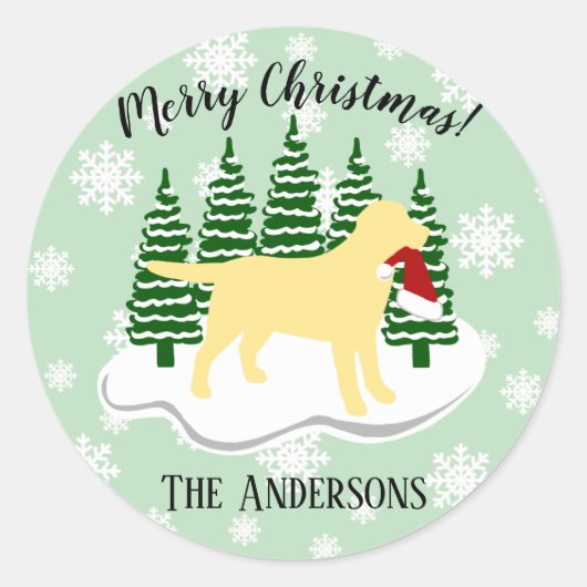 Gele labrador KerstEvergreen Snowflakes Ronde Sticker (Voorkant)
