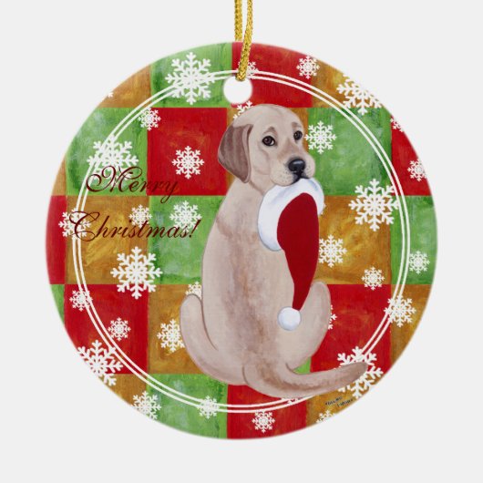 Gele labrador kerstkerstkerstkerstkerstman met sne keramisch ornament (Voorkant)