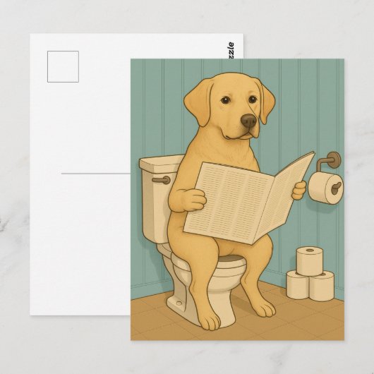 Gele labrador lezen krant op het toilet briefkaart (Voorkant / Achterkant)