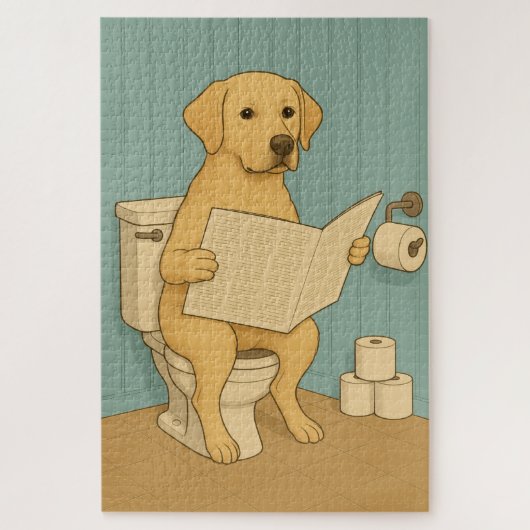 Gele labrador lezen krant op het toilet legpuzzel (Verticaal)