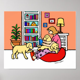 Gele Labrador mam Reading Cartoon Poster