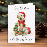 Gele labrador Merry kerstfeestelijke Santa Dog Feestdagen Kaart<br><div class="desc">Stuur kerstfeestdagen dit vakantieseizoen met een Merry-Kerstgele labrador rekker santa dog-kaart, en een bijbehorend decor. Deze gele labrador rekenkaart is voorzien van een waterverf hond in een kersthoed en boom. Personaliseer met bericht en familienaam. Deze gele kerstkaart met labrador Recovery is een favoriete van de gele labrador reklovers, hondenliefhebbers en...</div>