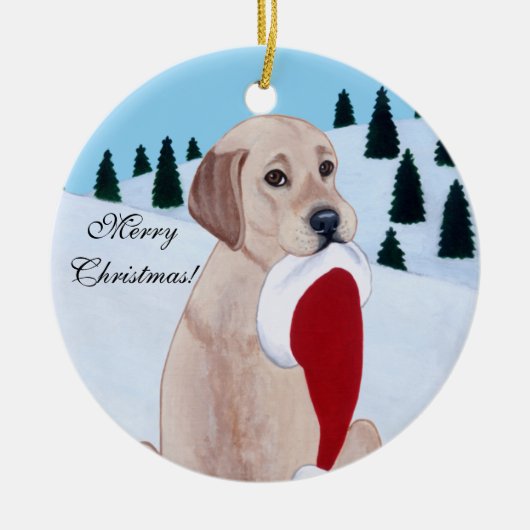 Gele labrador met Santa Hat Snowflake Keramisch Ornament (Voorkant)