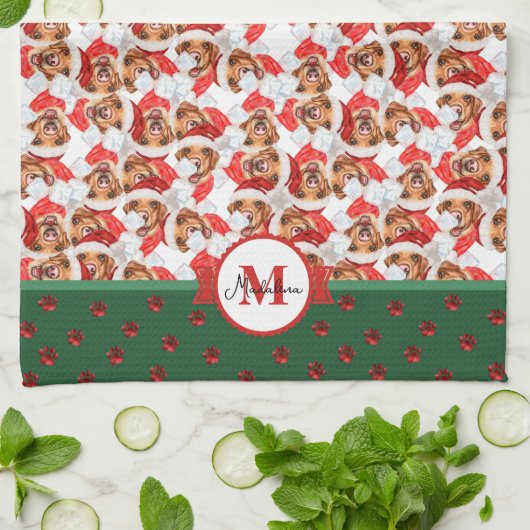 Gele Labrador Patroon Monogram Kerst Hond Theedoek (Gevouwen)