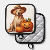 Gele Labrador Puppy Dragen van Pet met Pompoenen Pannenlap (Voorkant / Achterkant)