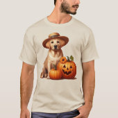Gele Labrador Puppy Dragen van Pet met Pompoenen T-shirt (Voorkant)