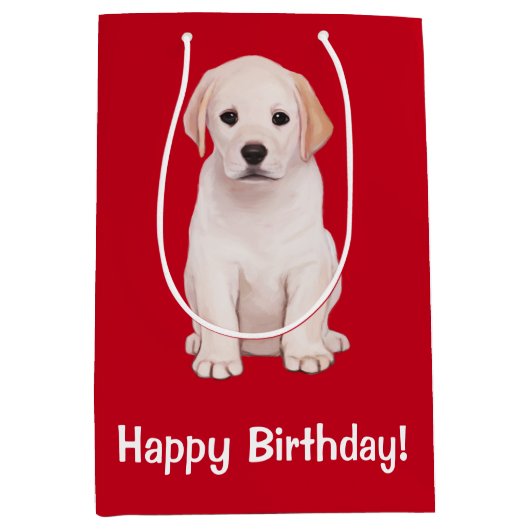 Gele Labrador Puppy Happy Birthday Medium Cadeauzakje (Voorkant)
