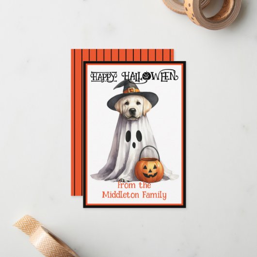 Gele Labrador Puppy Hond Gelukkig Halloween Notitiekaartje (Voorkant / Achterkant in situ)