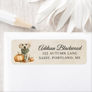 Gele Labrador Puppy met een Pompoen Retouradreslab Etiket