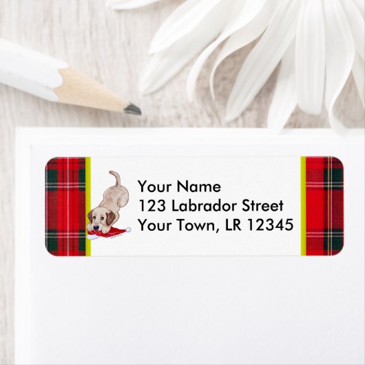 Gele Labrador Puppy met Santa Hat Kerstmis Etiket (Insitu)