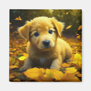 Gele labrador puppy spelen in herfst bladeren magneet