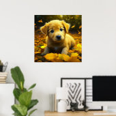 Gele labrador puppy spelen in herfst bladeren poster (Thuiskantoor)