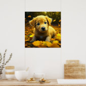 Gele labrador puppy spelen in herfst bladeren poster (Keuken)