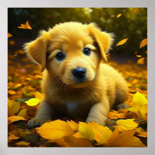 Gele labrador puppy spelen in herfst bladeren poster