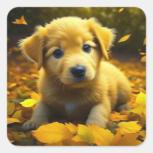 Gele labrador puppy spelen in herfst bladeren vierkante sticker (Voorkant)