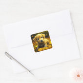Gele labrador puppy spelen in herfst bladeren vierkante sticker (Envelop)