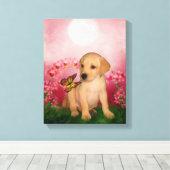 Gele Labrador Puppy Vlinder Bloemen Hondenkunst Canvas Afdruk (Insitu (Houten vloer))