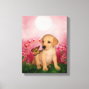 Gele Labrador Puppy Vlinder Bloemen Hondenkunst Canvas Afdruk
