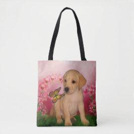 Gele Labrador Puppy Vlinder Bloemen Hondenkunst Tote Bag