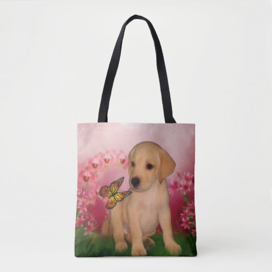 Gele Labrador Puppy Vlinder Bloemen Hondenkunst Tote Bag (Voorkant)