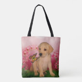 Gele Labrador Puppy Vlinder Bloemen Hondenkunst Tote Bag (Achterkant)