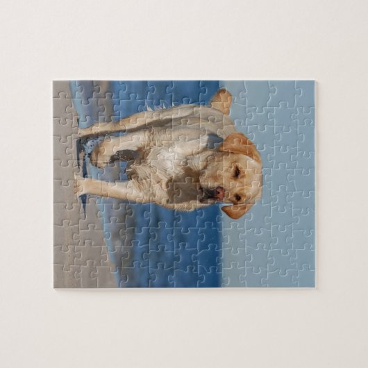 Gele labrador recovery op het strand legpuzzel (Horizontaal)