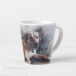 Gele labrador rekhondenhond die neerligt latte mok