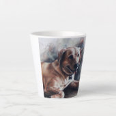 Gele labrador rekhondenhond die neerligt latte mok (Voorkant)