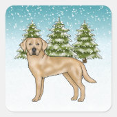 Gele Labrador Retriever Blauw besneeuwd winterbos Vierkante Sticker (Voorkant)