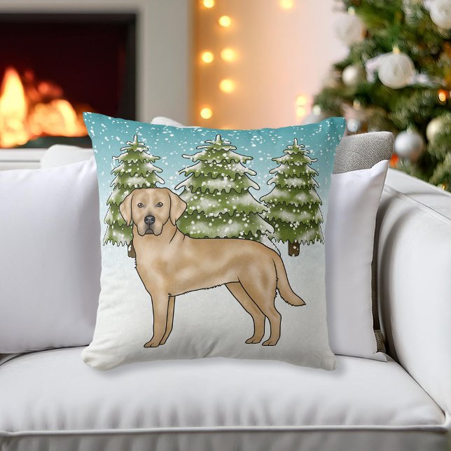 Gele Labrador Retriever Blauwe Sneeuw Winterbos Kussen (Creator heeft geüpload)