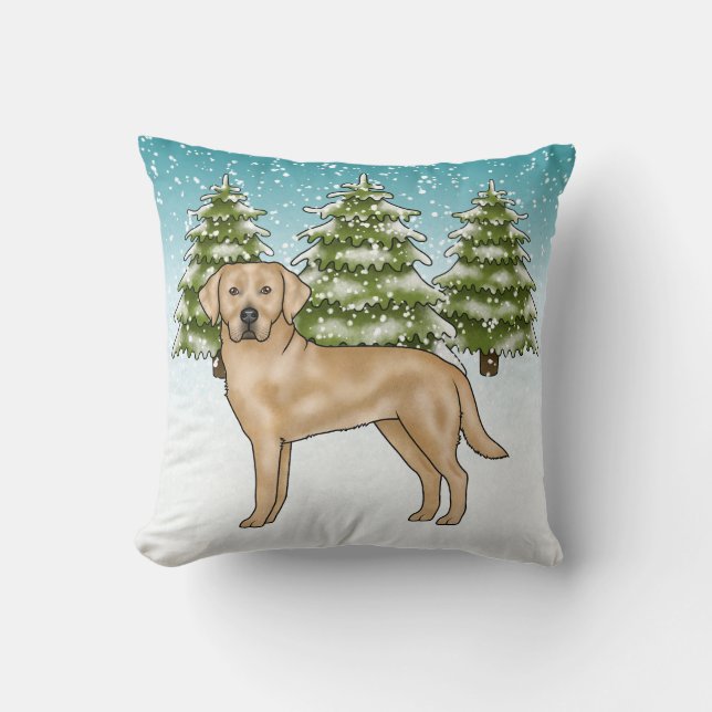 Gele Labrador Retriever Blauwe Sneeuw Winterbos Kussen (Voorkant)