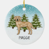 Gele Labrador Retriever Blauwe Winter Aangepaste N Keramisch Ornament (Achterkant)