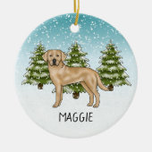 Gele Labrador Retriever Blauwe Winter Custom Name Keramisch Ornament (Voorkant)