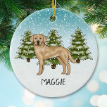 Gele Labrador Retriever Blauwe Winter Custom Name Keramisch Ornament<br><div class="desc">Destei's originele cartoon-illustratie van een schattige, gele Labrador Retriever-rashond. De hond wordt in een winterse omgeving geplaatst met groene sparren en vallende sneeuw. De achtergrond is een blauw tot wit verloop, waardoor het ontwerp er die koude winterdag uitziet. Er is ook een aanpasbaar tekstgebied voor een naam of andere aangepaste...</div>