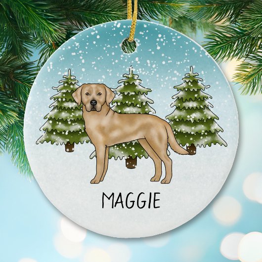Gele Labrador Retriever Blauwe Winter Custom Name Keramisch Ornament