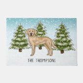 Gele Labrador Retriever Blauwe Winter Familienaam Deurmat (Voorkant)