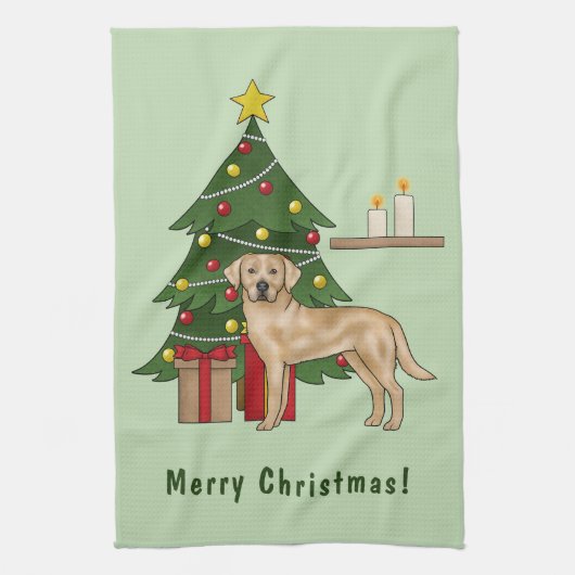Gele labrador retriever hond met kerstboom theedoek (Verticaal)