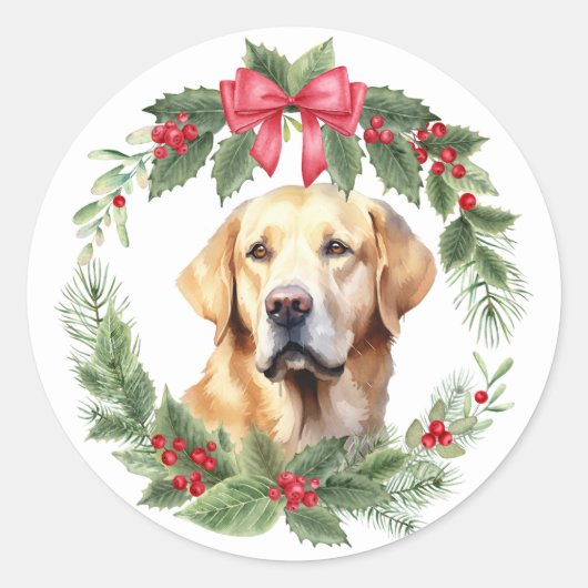 Gele Labrador Retriever Hond Rode Bow Holly krans Ronde Sticker (Voorkant)