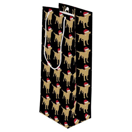 Gele labrador retriever in feestelijke rode kersth wijn cadeautas (Achterkant Gekanteld)