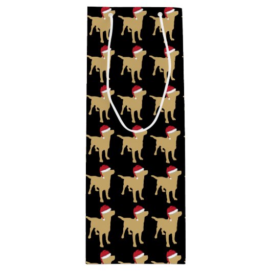 Gele labrador retriever in feestelijke rode kersth wijn cadeautas (Voorkant)