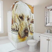 Gele labrador Retriever op deur Douchegordijn (In situ)