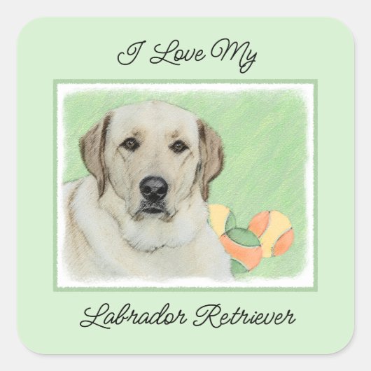 Gele labrador Retriever & Tennis Balls Painting Vierkante Sticker (Voorkant)