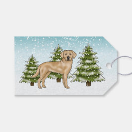 Gele Labrador Retriever Winter Dennenboom Bos Cadeaulabel