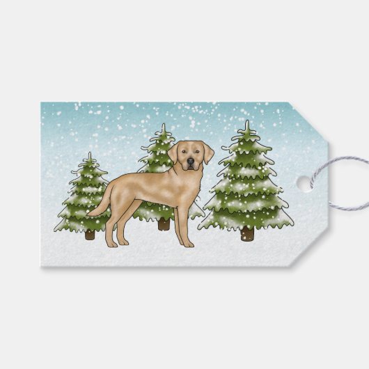 Gele Labrador Retriever Winter Dennenboom Bos Cadeaulabel (Voorkant (Horizontaal))
