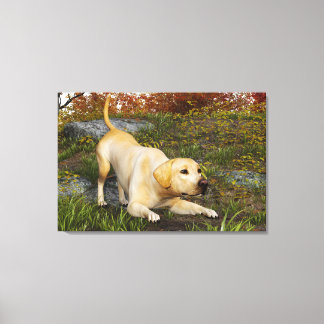 Gele Labrador Speel Boog in Herfst Bossen Canvas Afdruk