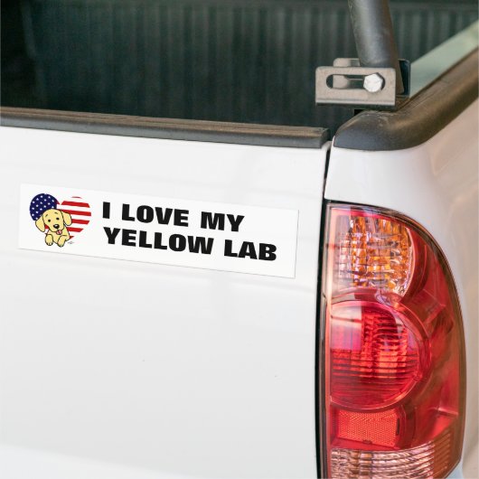Gele labrador & US Flag Heart 1 Cartoon Bumpersticker (Op Truck)