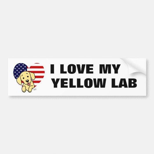 Gele labrador & US Flag Heart 1 Cartoon Bumpersticker (Voorkant)