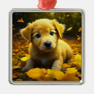 Gele Labradord Puppy die speelt in herfstbladeren Metalen Ornament