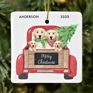 Gele Labradors hond Kerstmis Vintage Rode Truck Keramisch Ornament